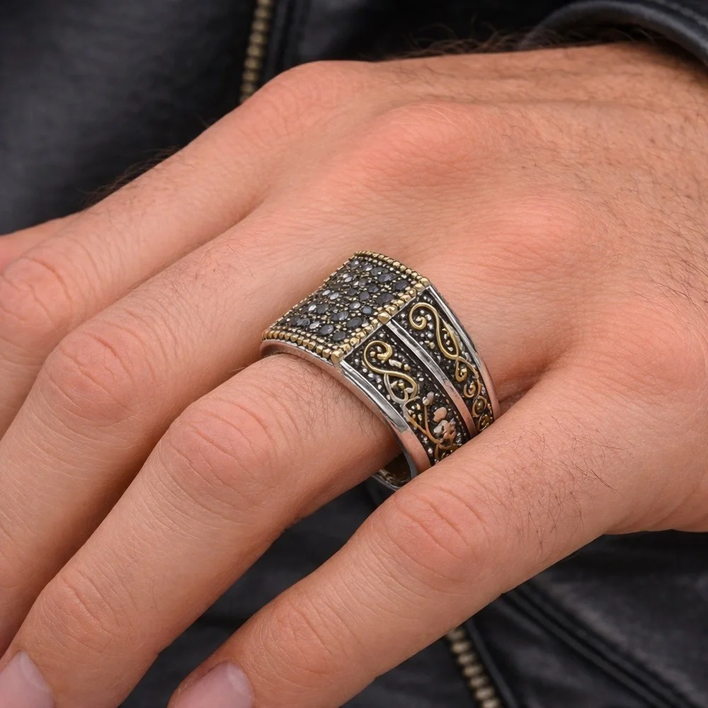 Grey Austrian Crystal Square Ring Black Oxidized 316L Stainless Steel Men’s 2CT